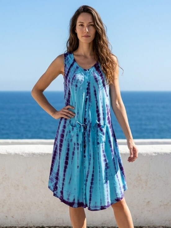 Just Cruising Dresses & Skirts - Just Cruising Sleeveless Tie-Dye V-Neck Beach Dress Aqua & Purple Rayon Breezy